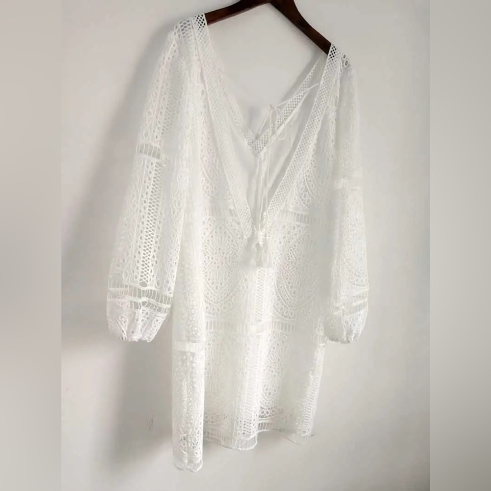 White Crochet Dress V Neck Tie Back, NWT - Picture 6 of 8